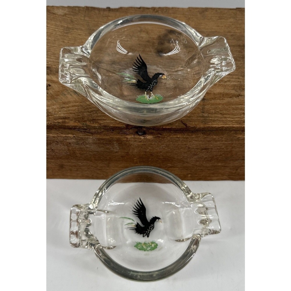 VTG Clear Glass Bird Ashtray Set of 2 Hand Painted Black Pheasant Mid Century